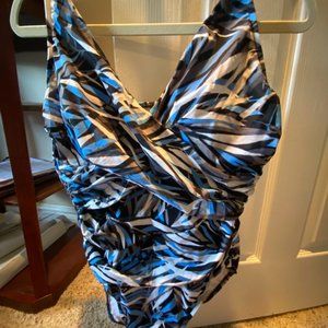 Trimshaper Blue Gray and White One Piece Swimsuit Size 14